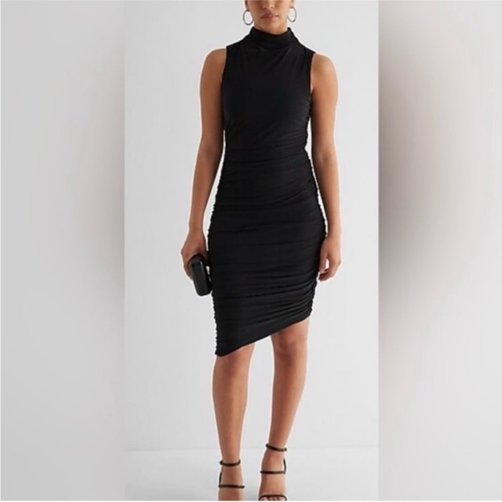 EXPRESS Body Contour Mock Neck
Ruched Asymmetrical Midi Black Dress NWOT M